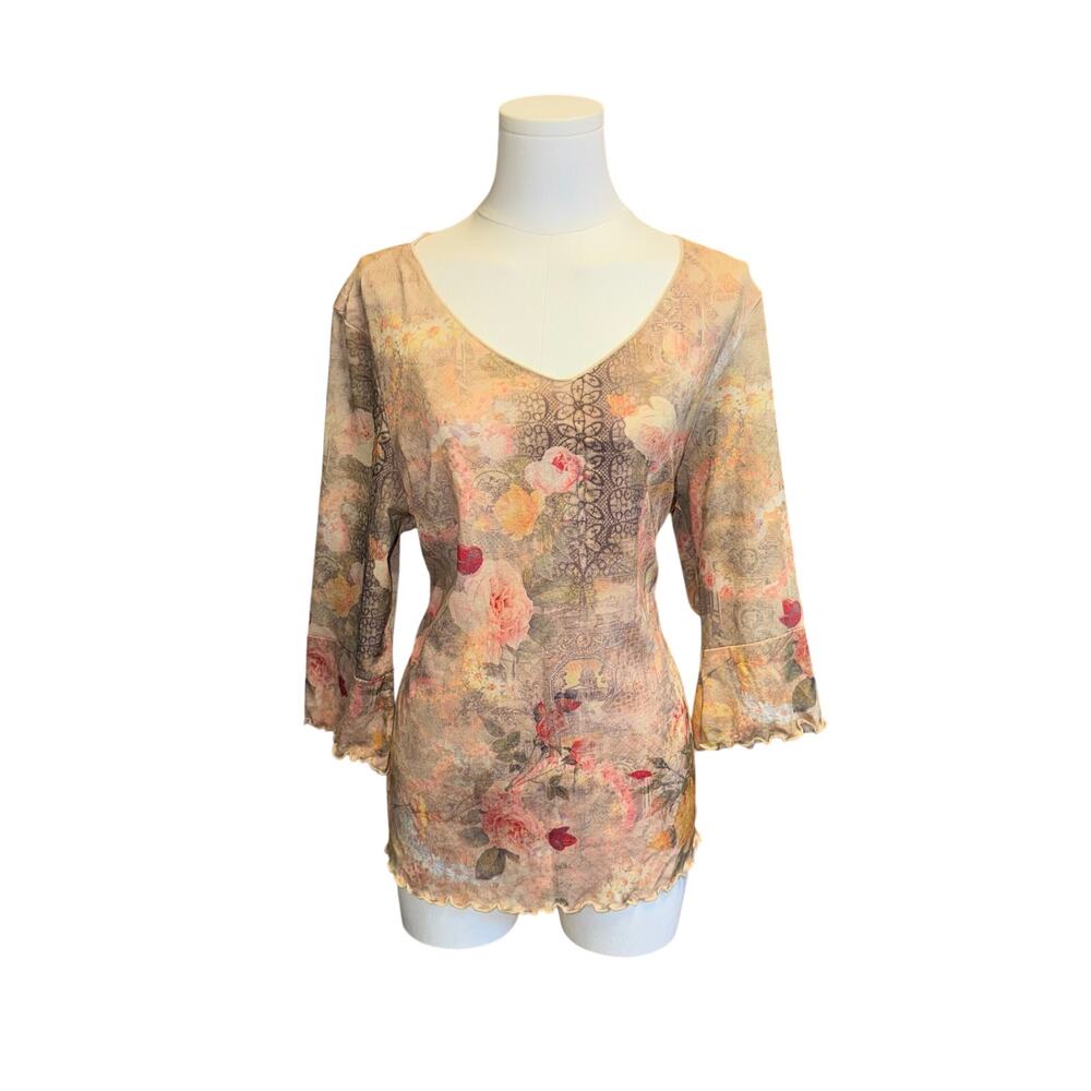 Vintage Floral Mesh Overlay Top Whimsigoth Fairycore 3/4 Bell Sleeve V-Neck